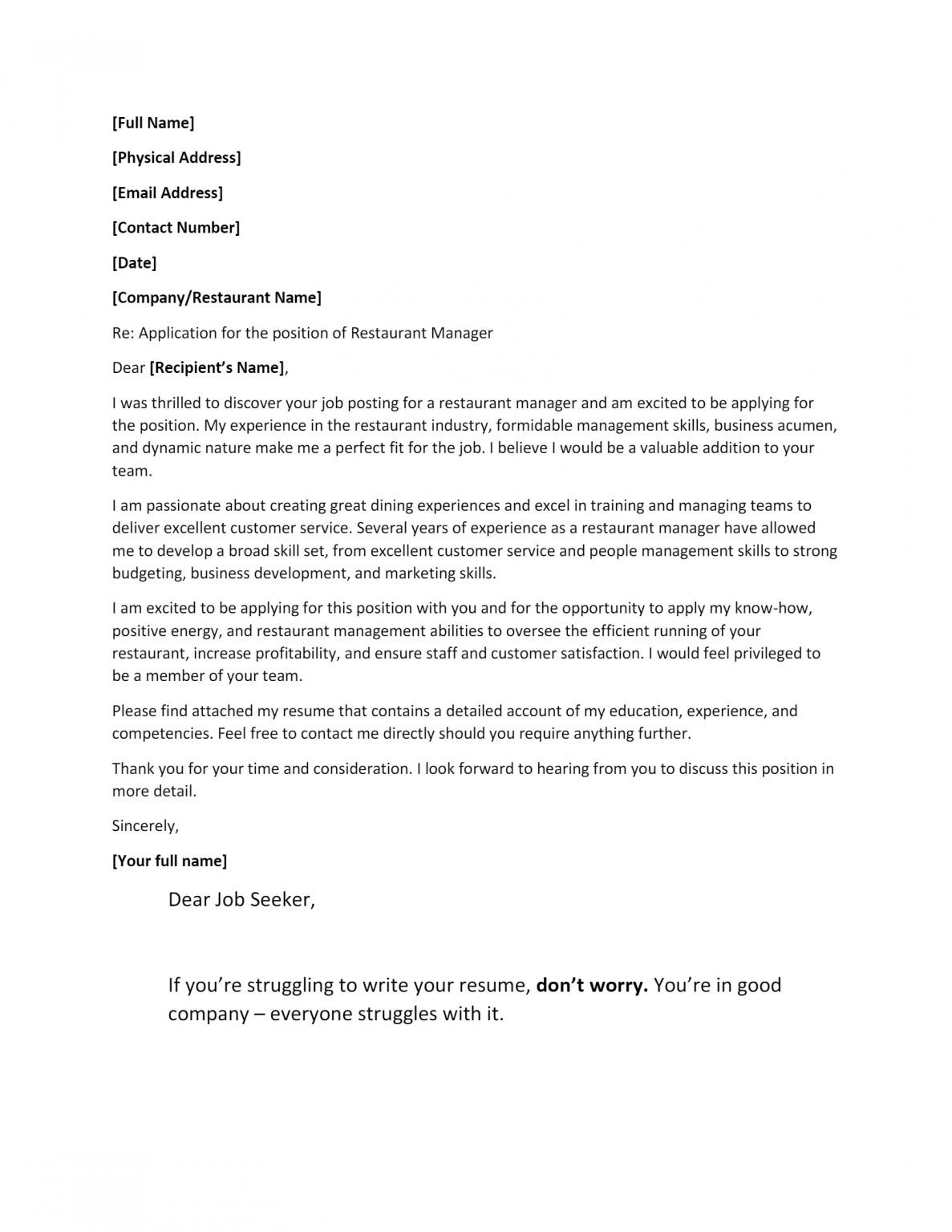 Free Restaurant Manager Cover Letter Template Example On 