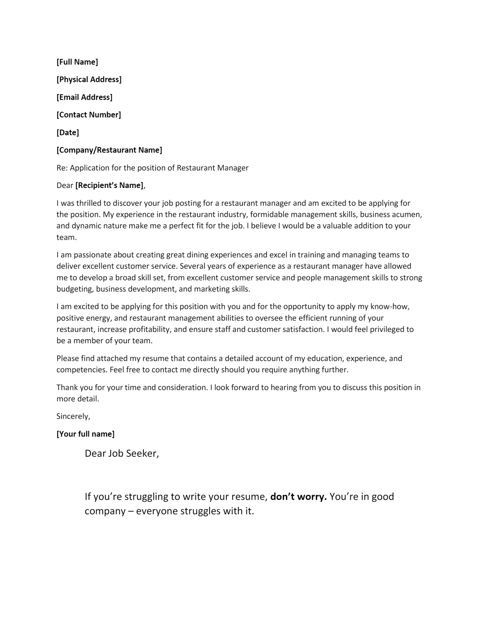 Free Restaurant Manager Cover Letter Template & Example on ...