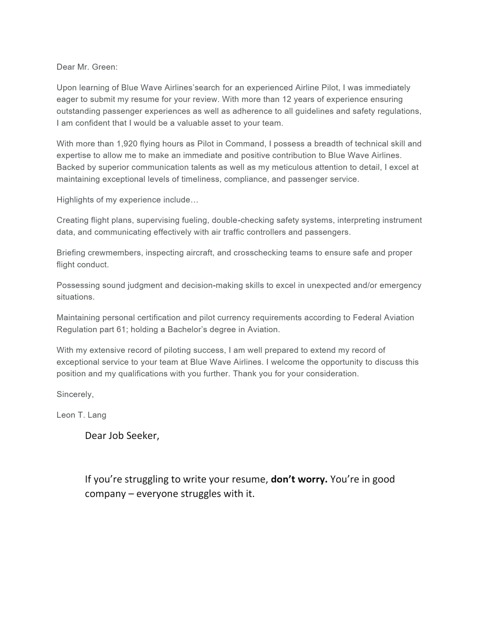 Free Pilot Cover Letter Template And Example On