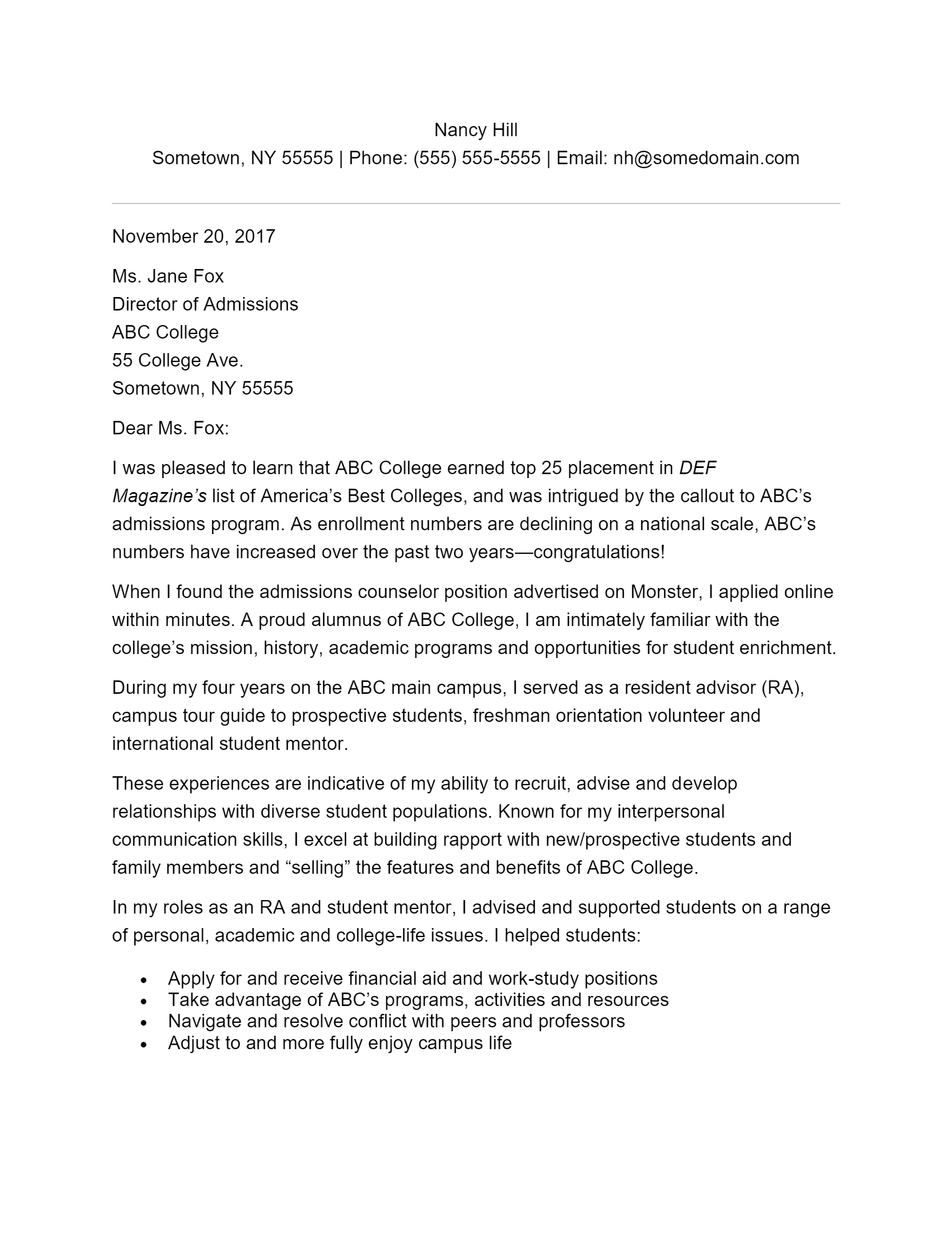Free Admissions Counselor Cover Letter Template Example On 