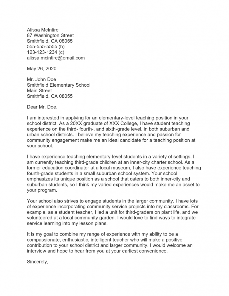 Free Teacher Cover Letter Template & Example on