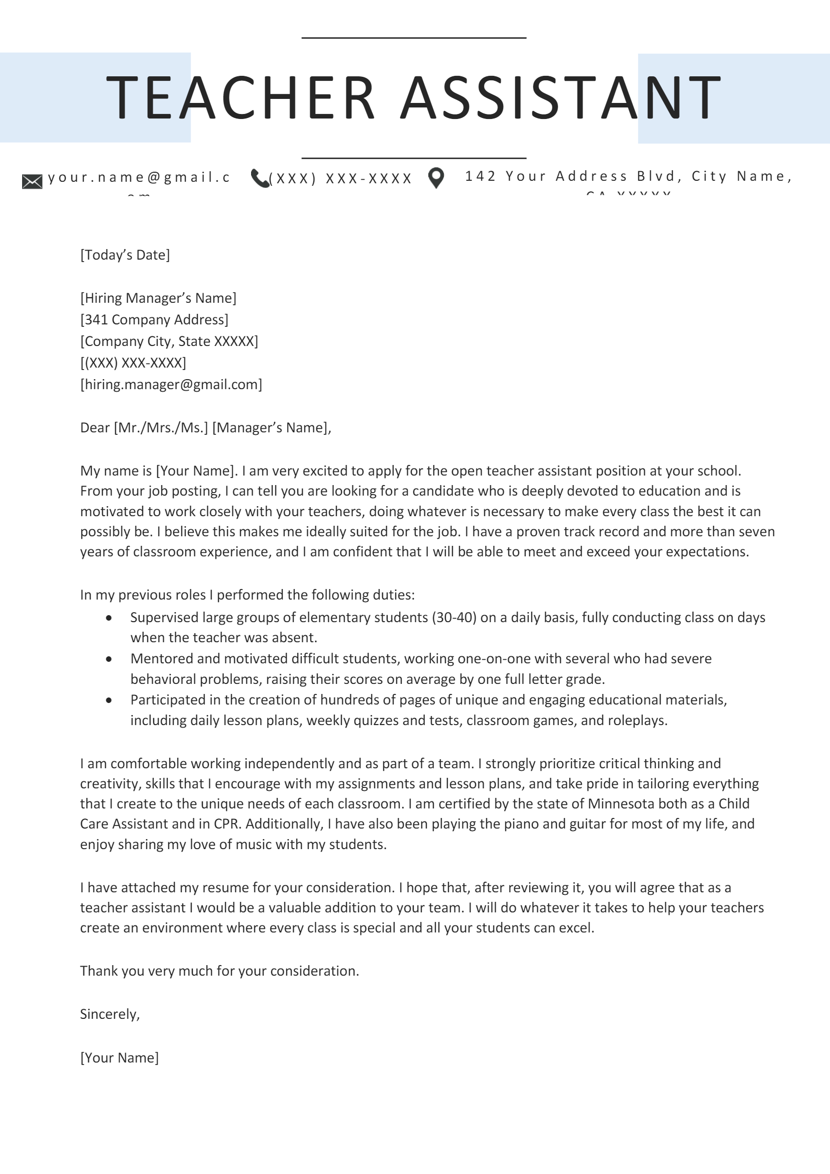 cover letter template for educational assistant