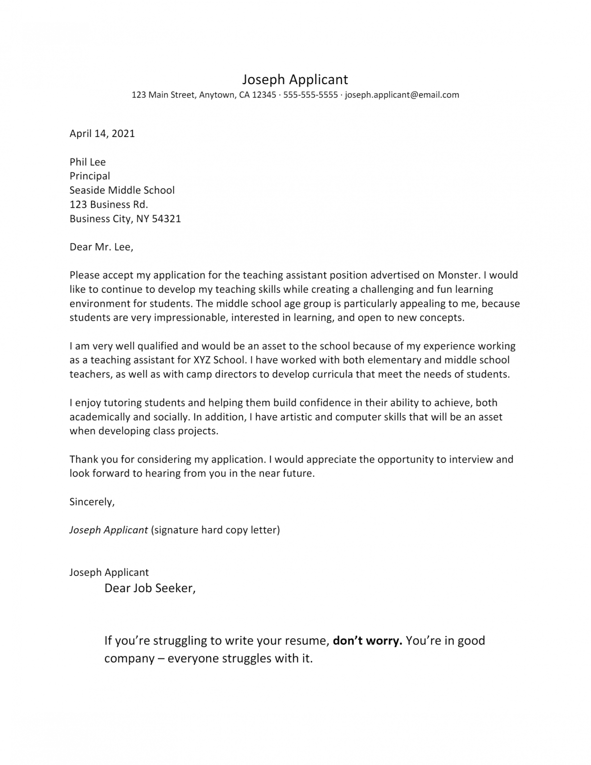 Free Assistant Teacher Cover Letter Template & Example On 