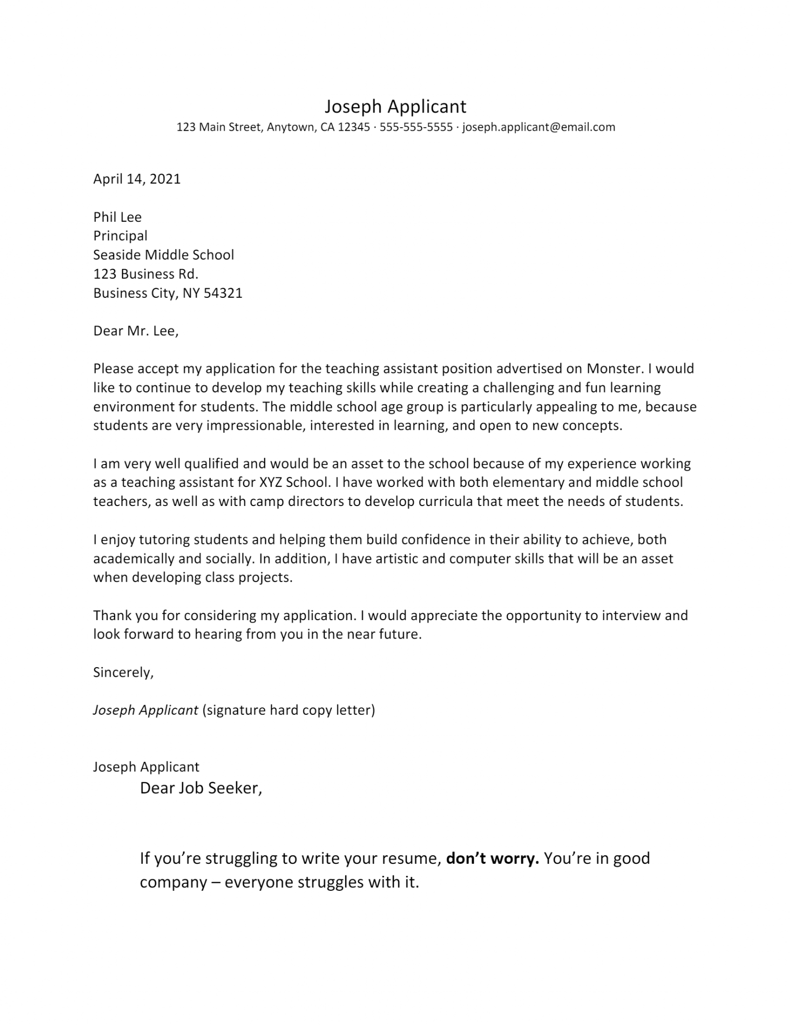 Free Assistant Teacher Cover Letter Template & Example on ...