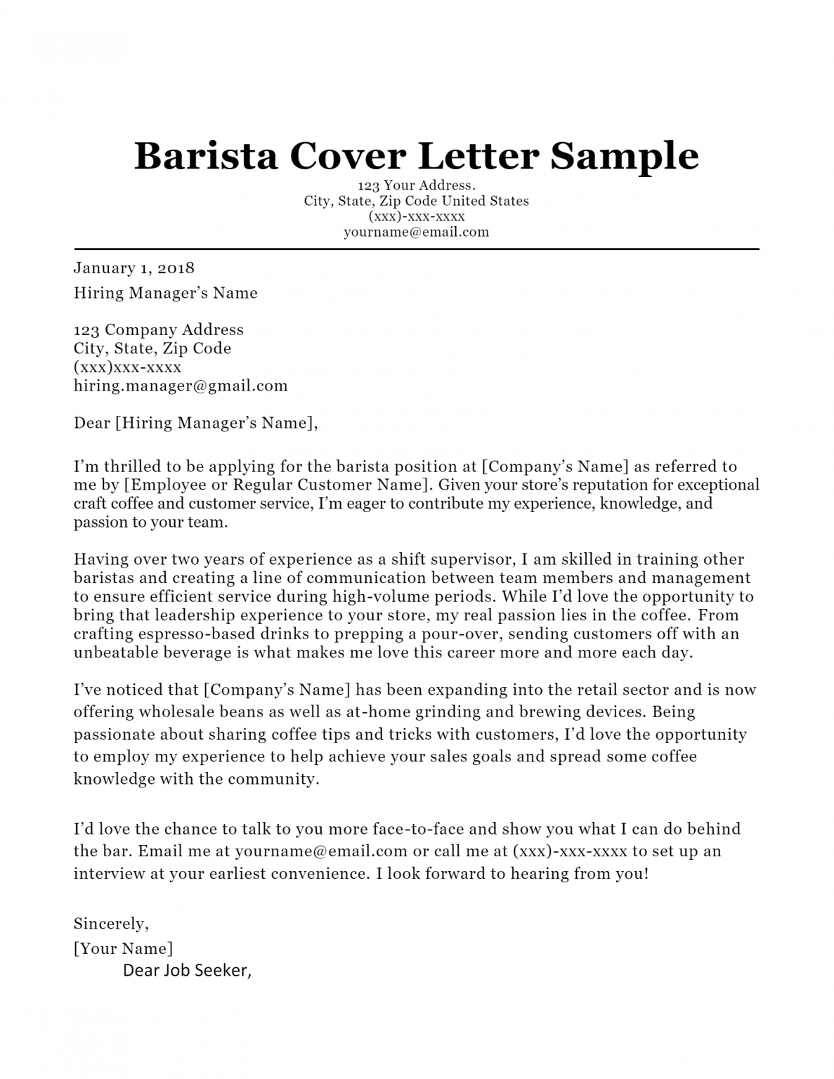 Free Barista Cover Letter Template & Example On Resumethatworks.com