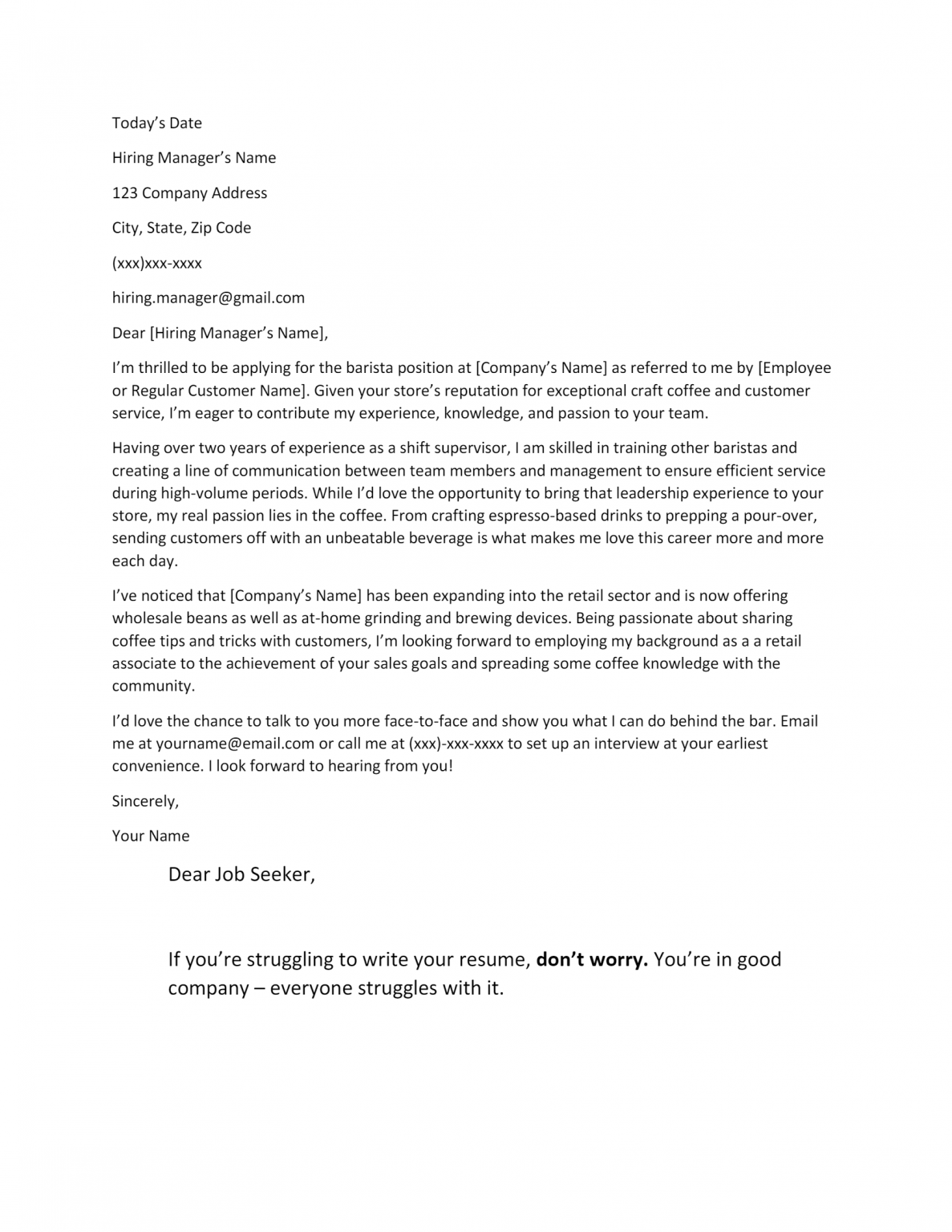 Free Barista Cover Letter Template & Example on ResumeThatWorks.com