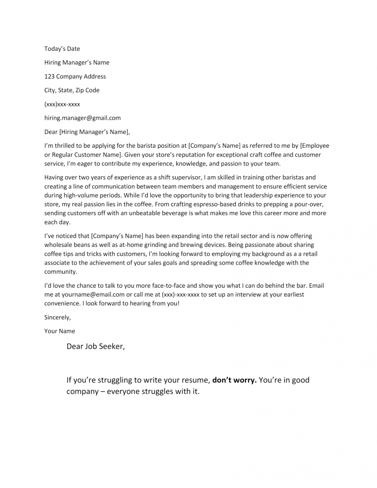 Free Barista Cover Letter Template & Example on ResumeThatWorks.com