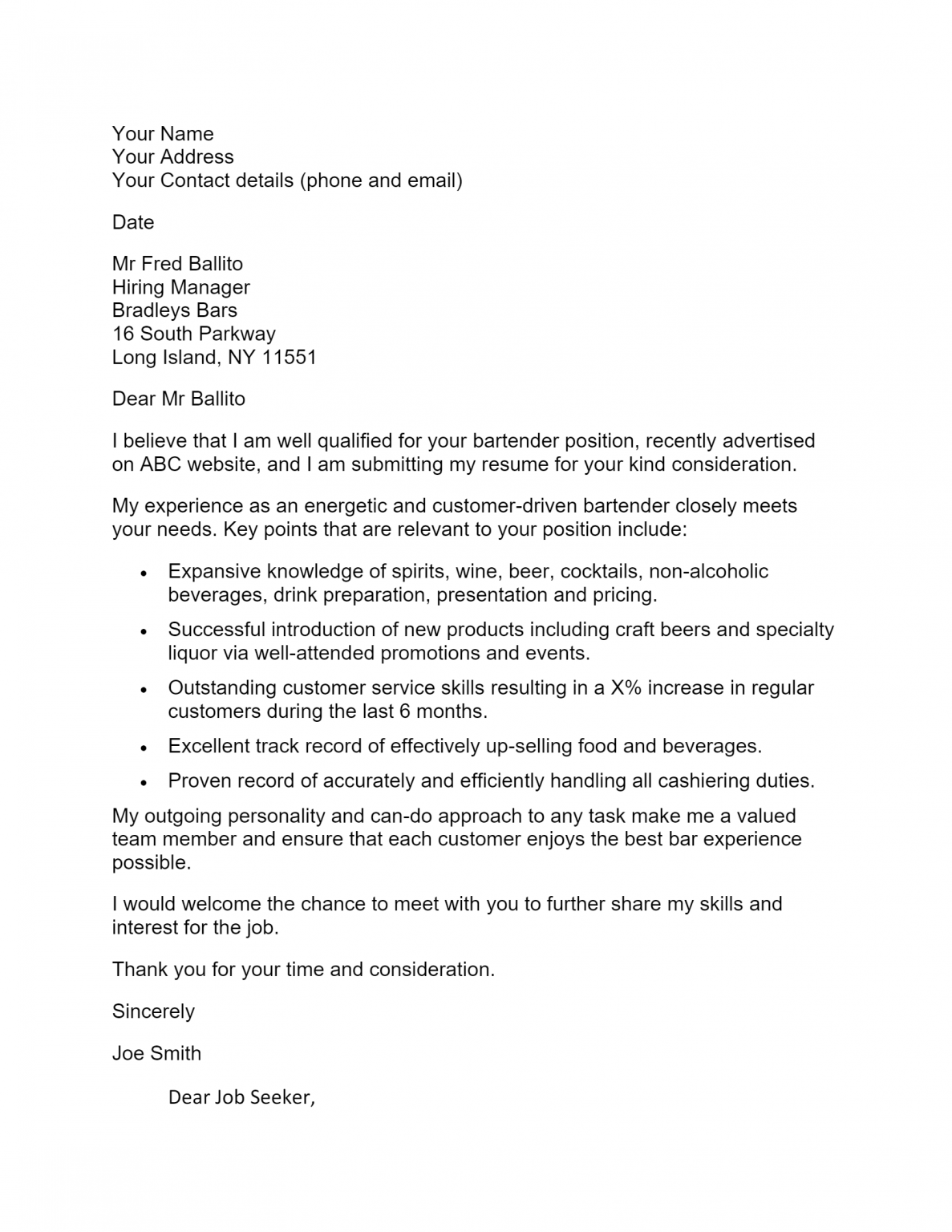 Free Bartender Cover Letter Template - Download 47 1187x1536