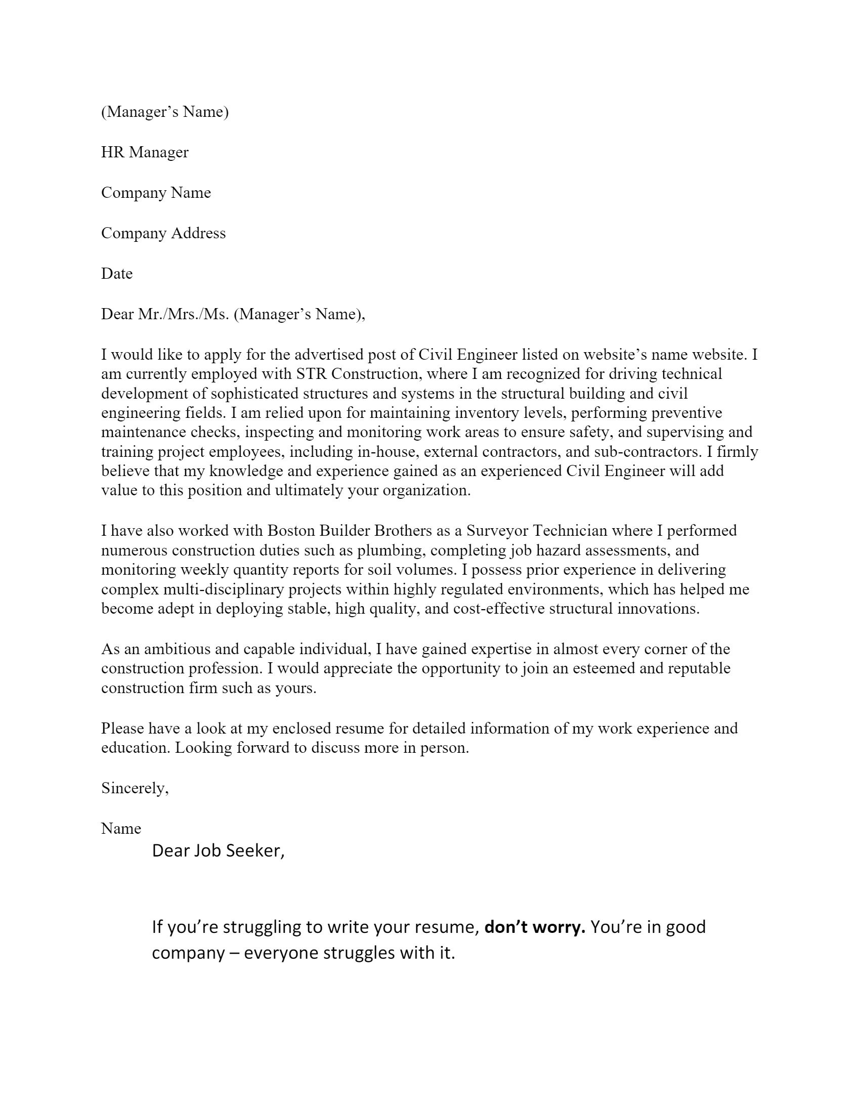 Free Civil Engineer Cover Letter Template Example On ResumeThatWorks Com   Download 51 