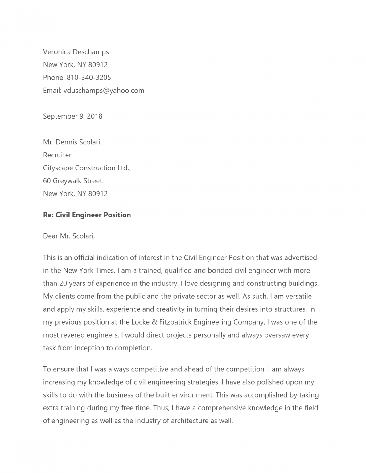 Civil Engineer Example Email Free Civil Engineer Cover Letter Template & Example on ResumeThatWorks.com