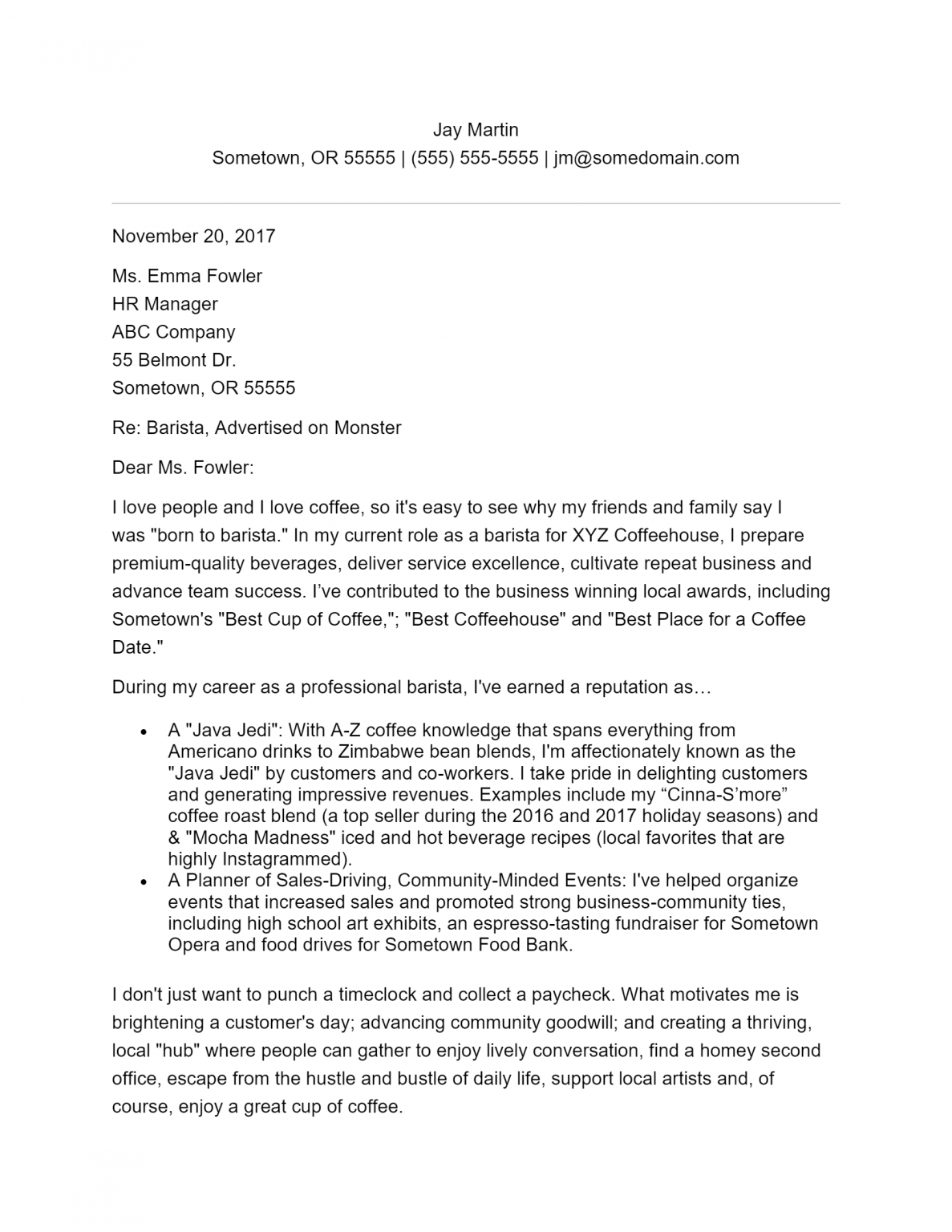 Free Barista Cover Letter Template & Example on