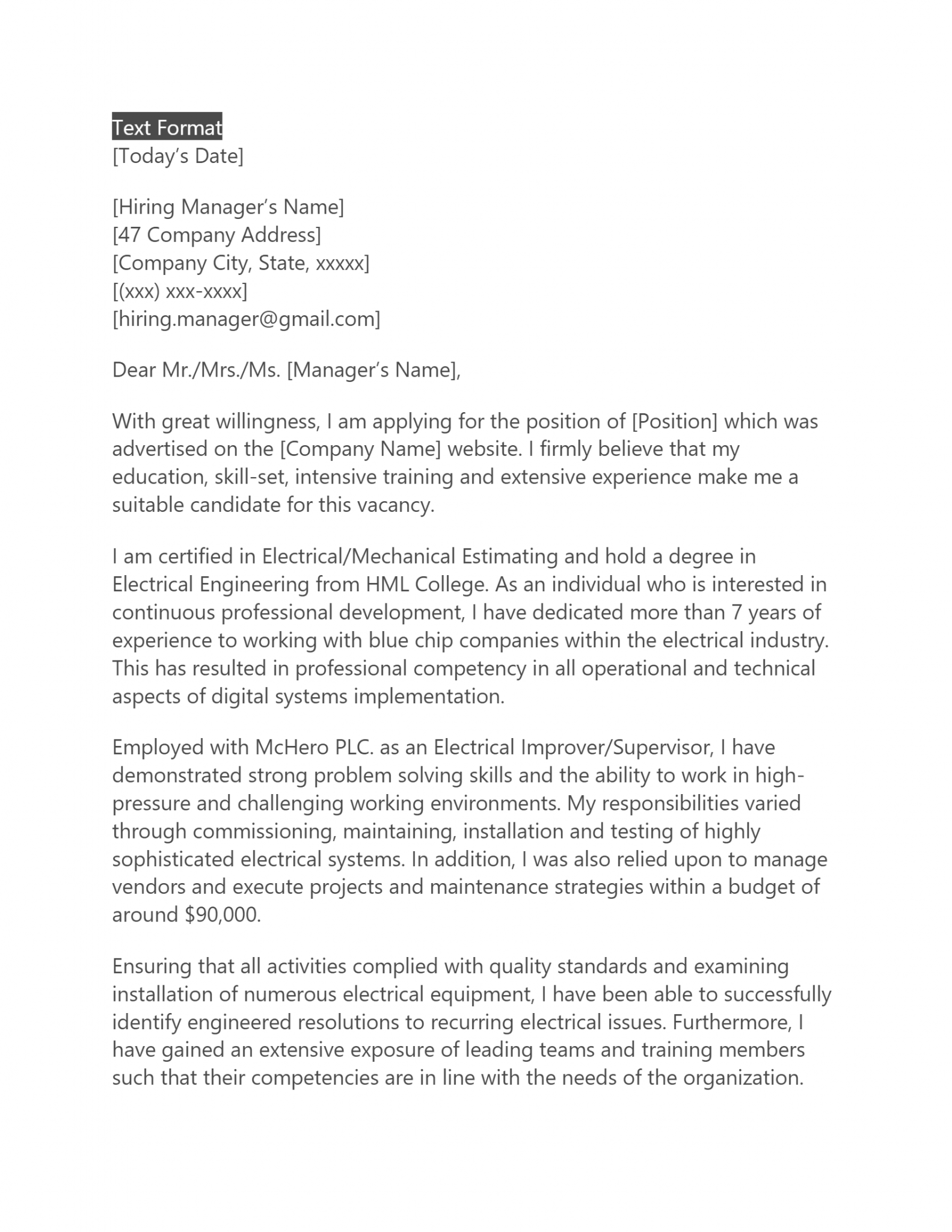 electrical engineer cover letter