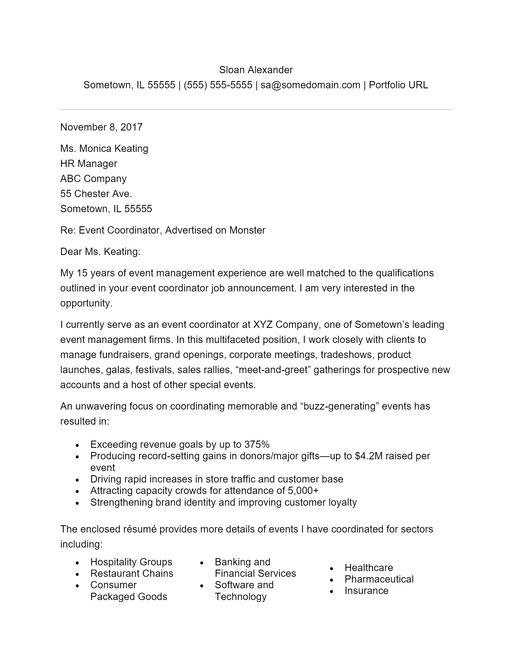 Free Event Coordinator Cover Letter Template Example On