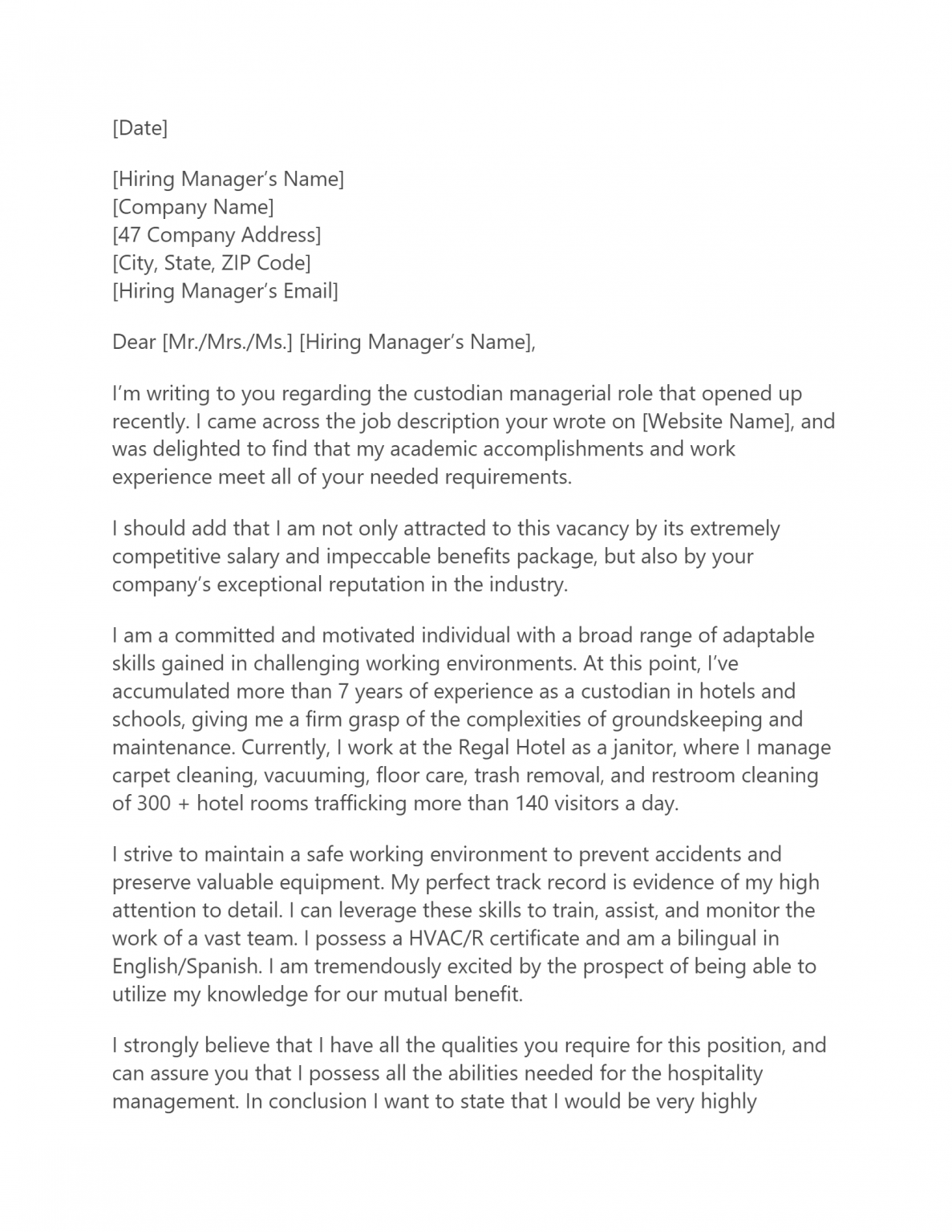 Free Janitor Cover Letter Template Example On ResumeThatWorks Com   Download 90 1187x1536 