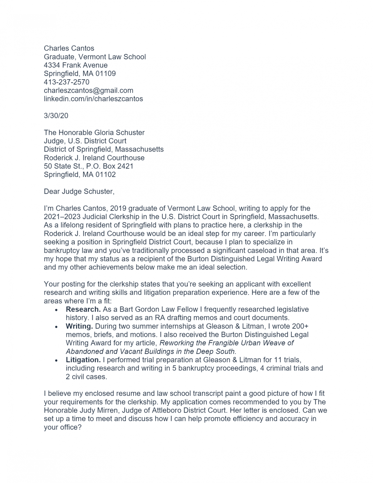 Free Judicial Clerkship Cover Letter Template Example On 