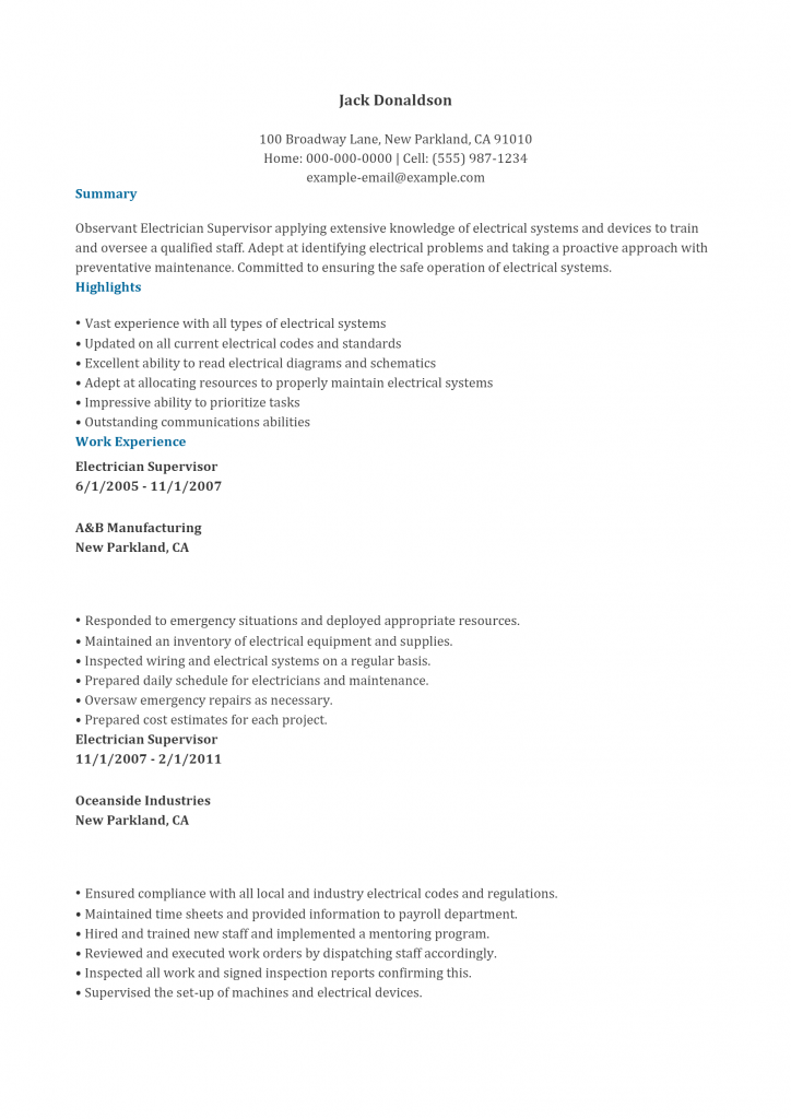 Electrician Supervisor Resume .Docx (Word)