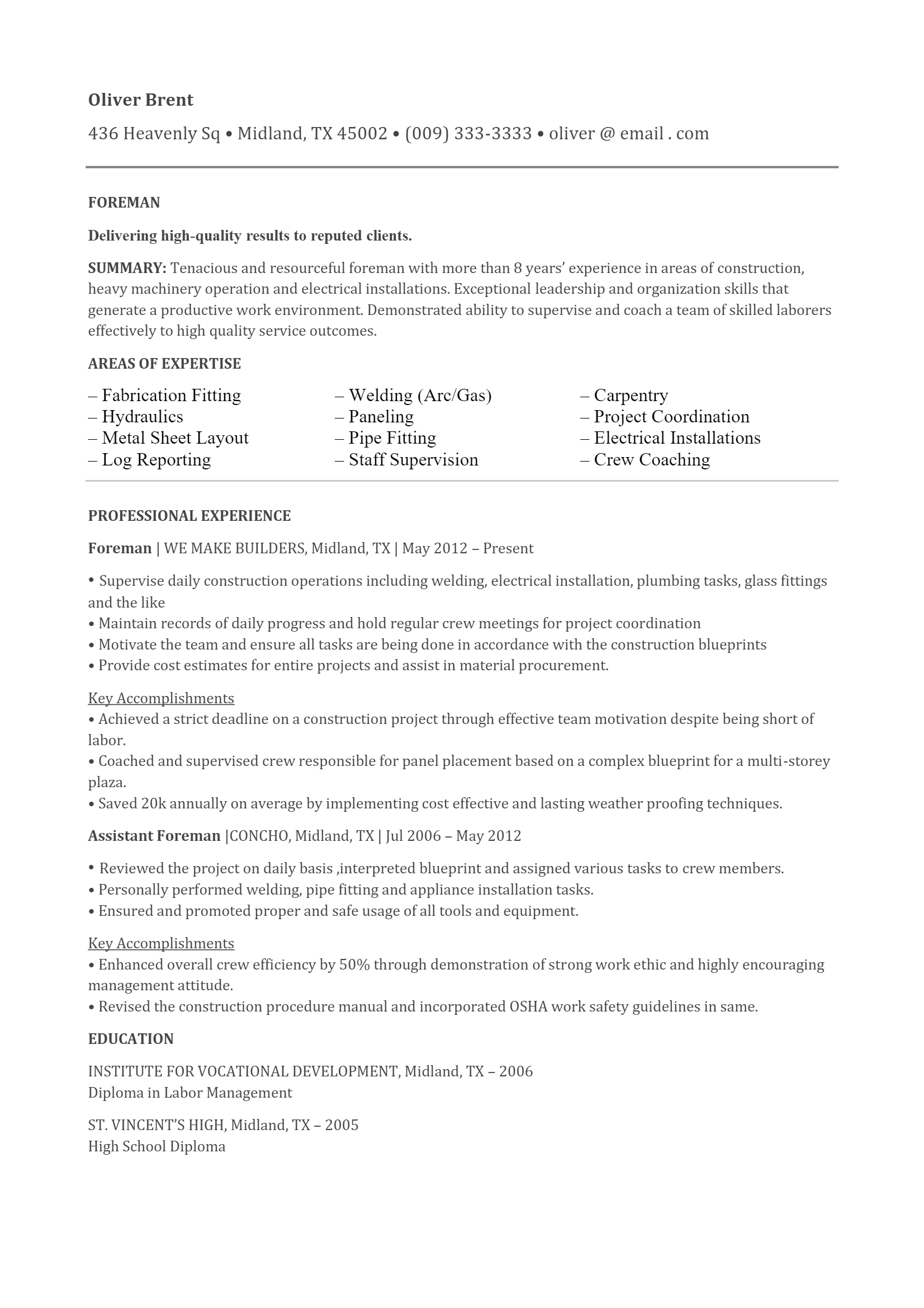 Electrician Foreman Resume .Docx (Word)