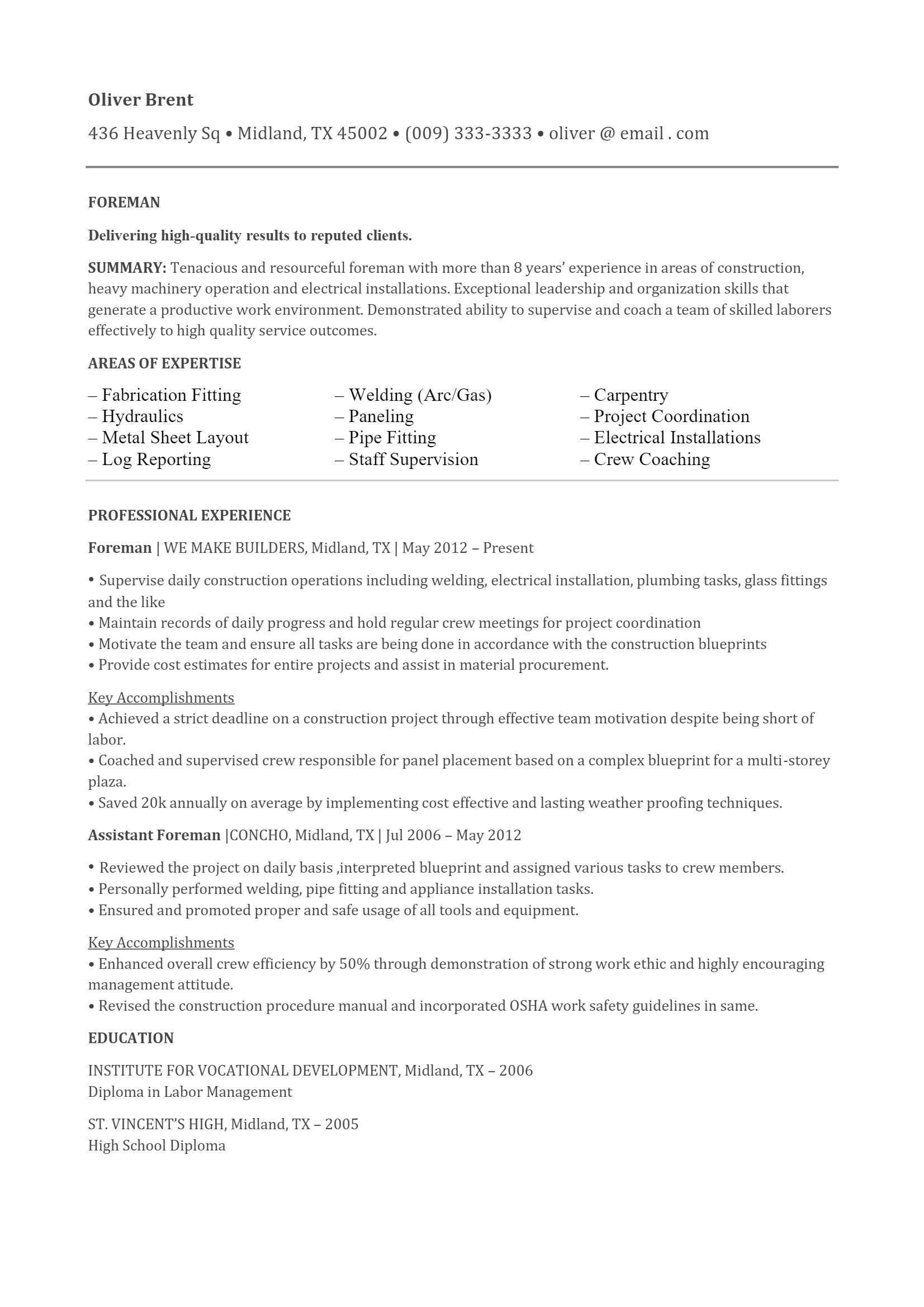 Download Free Electrician Foreman Resume .Docx (Word) Template on