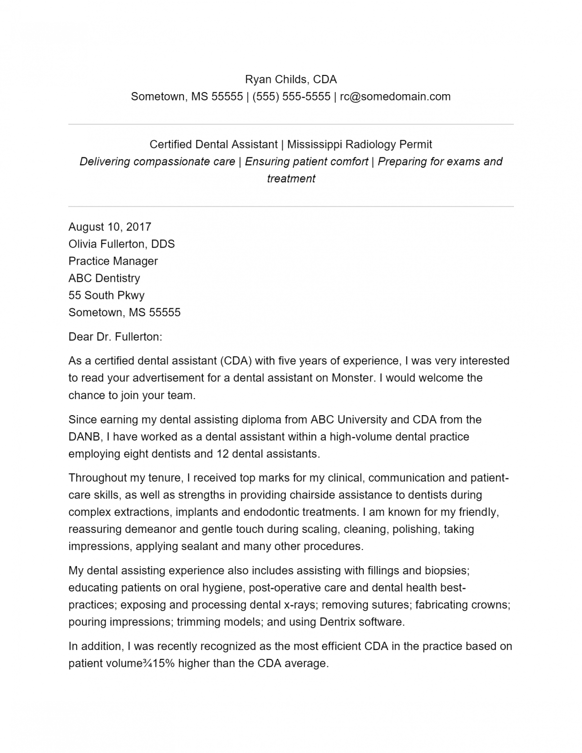 Free Dental Assistant Cover Letter Template & Example on