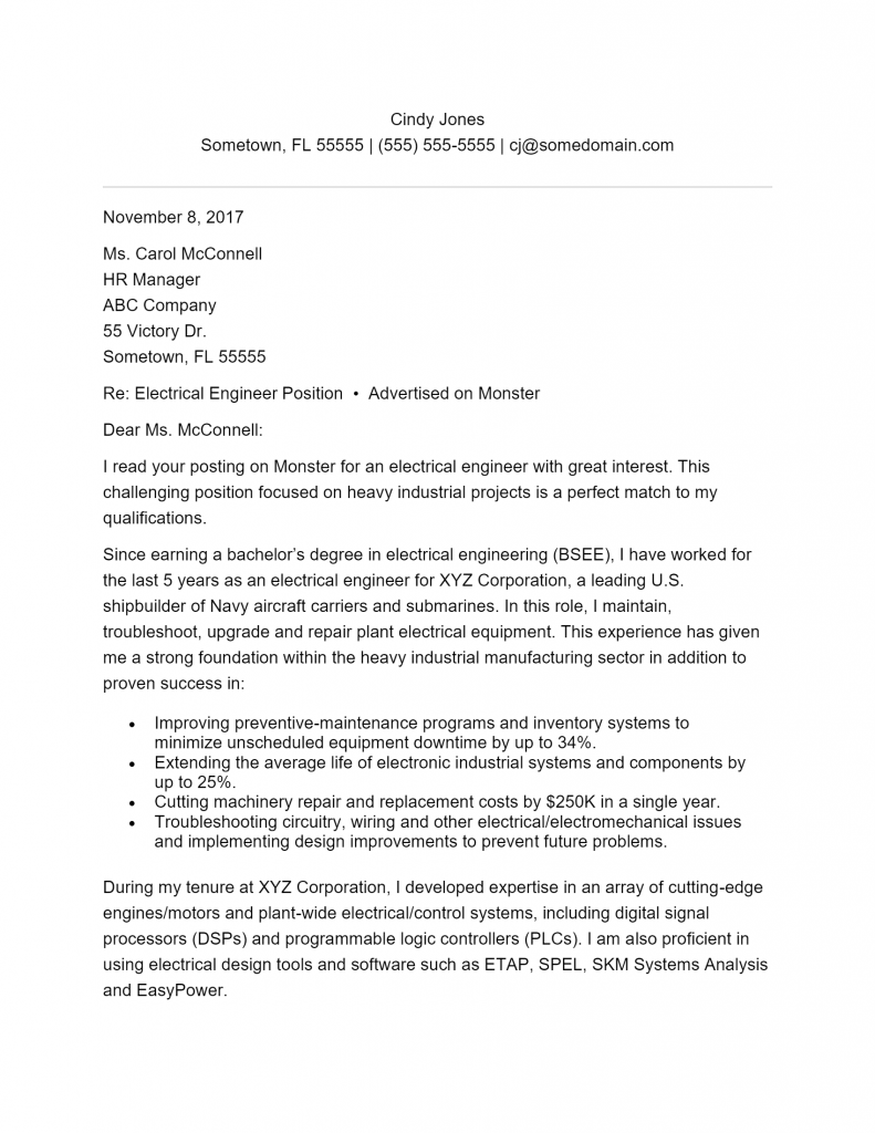 cover letter electrical engineering