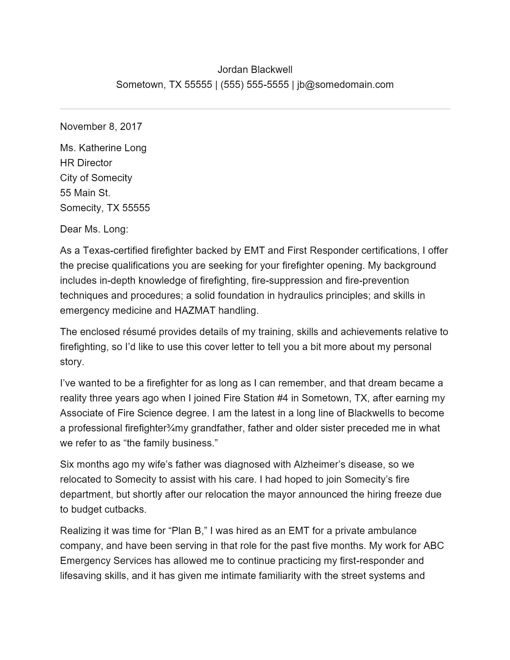 Free Firefighter Cover Letter Template Example On Resumethatworks Com