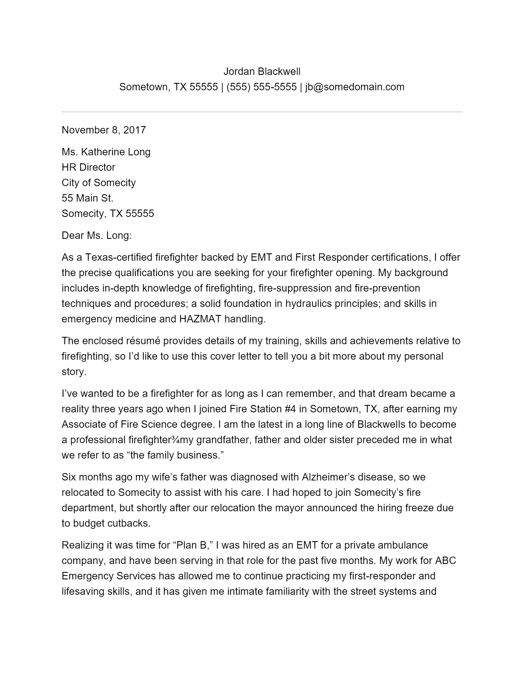 Free Firefighter Cover Letter Template & Example on