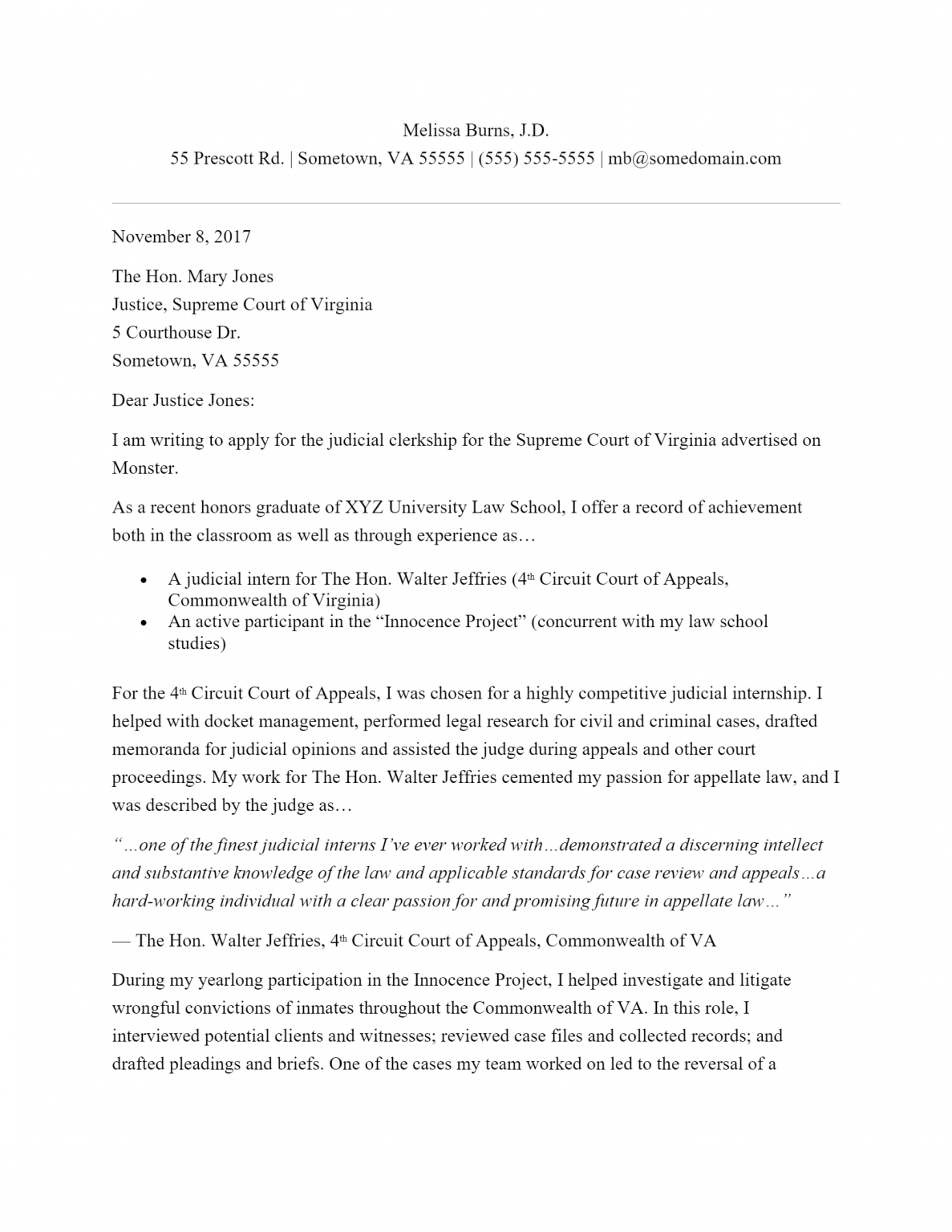 Free Judicial Clerkship Cover Letter Template & Example on ...