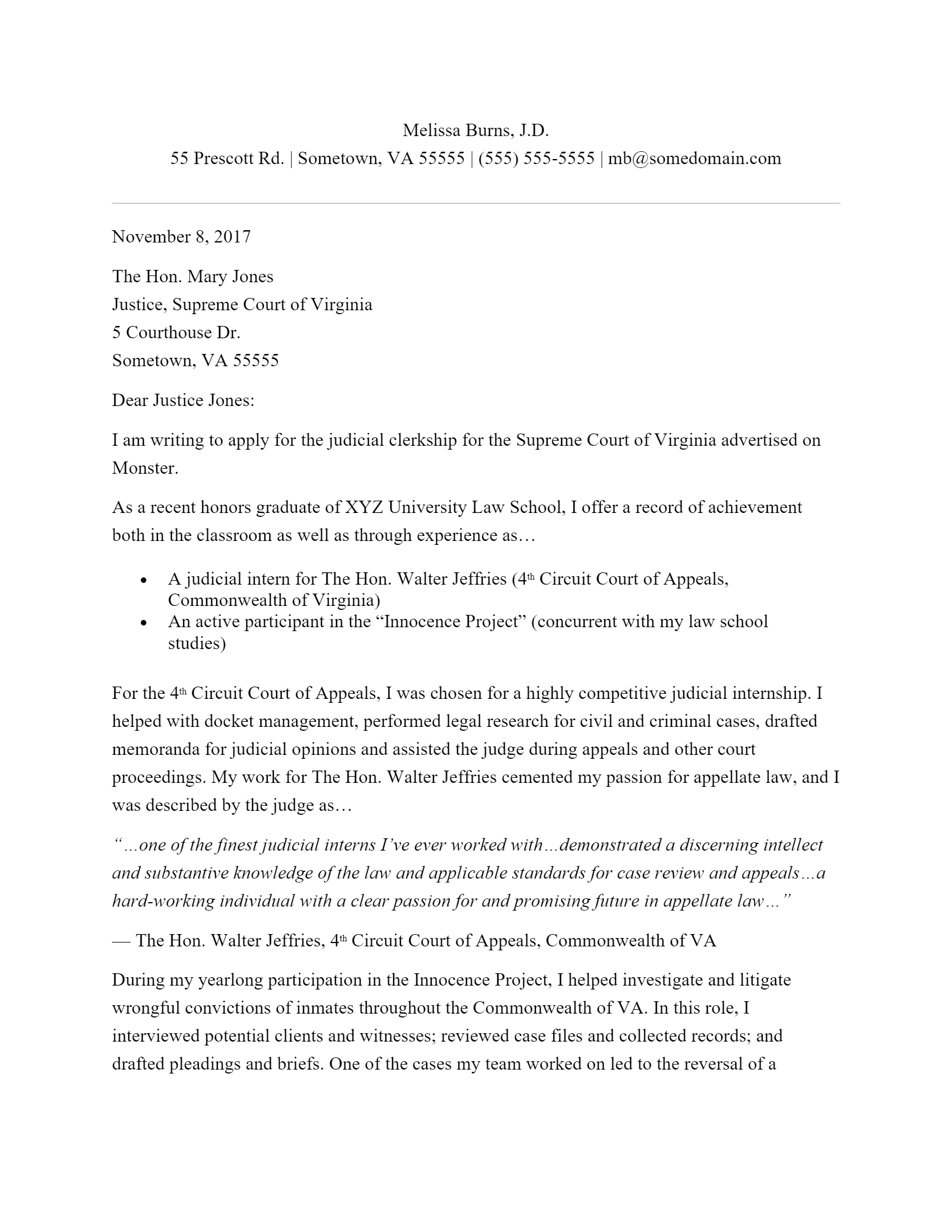 Free Judicial Clerkship Cover Letter Template & Example on