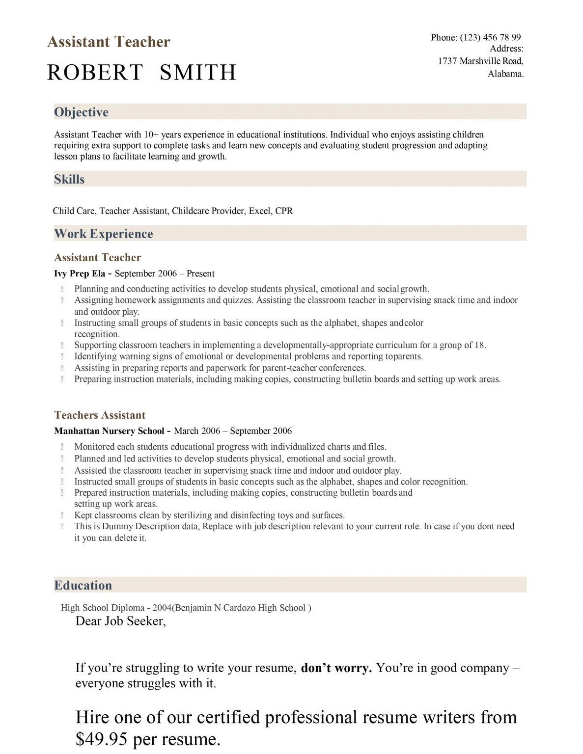 Download Free Teacher Assistant .Docx (Word) Template on ...