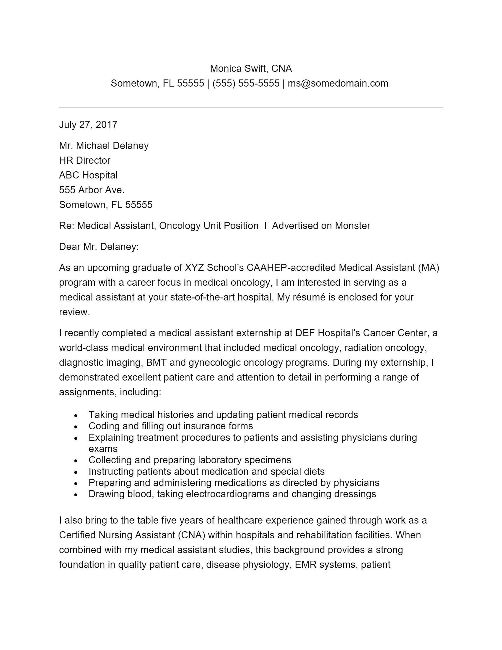 short cover letter examples medical assistant