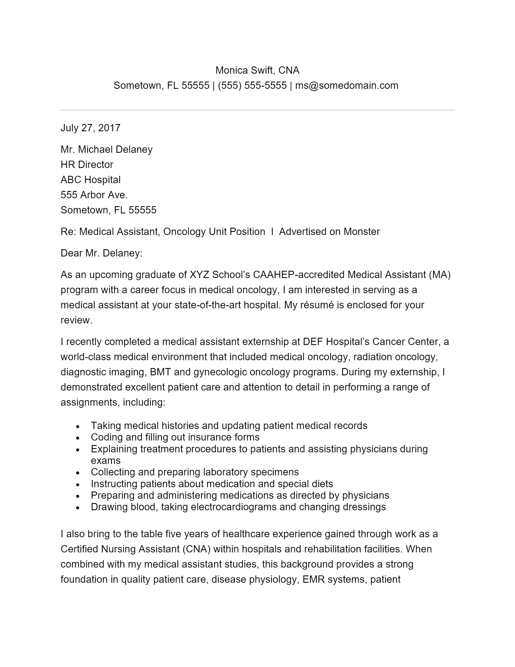 general cover letter for medical assistant