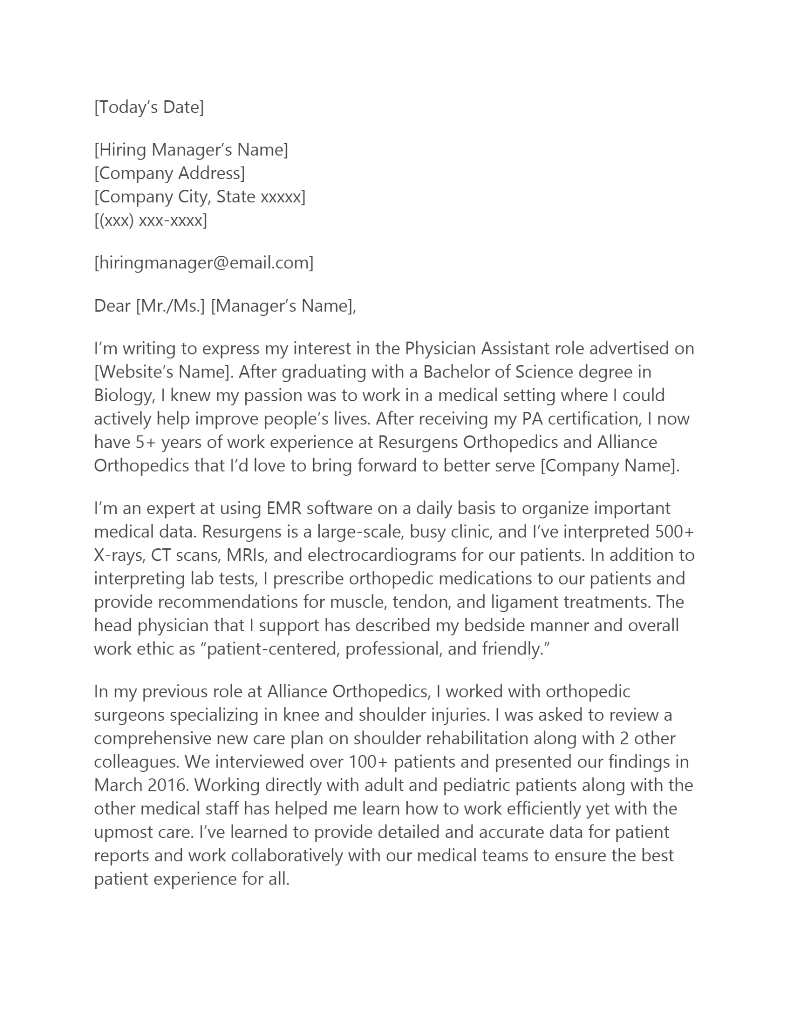 cover letter example physician assistant