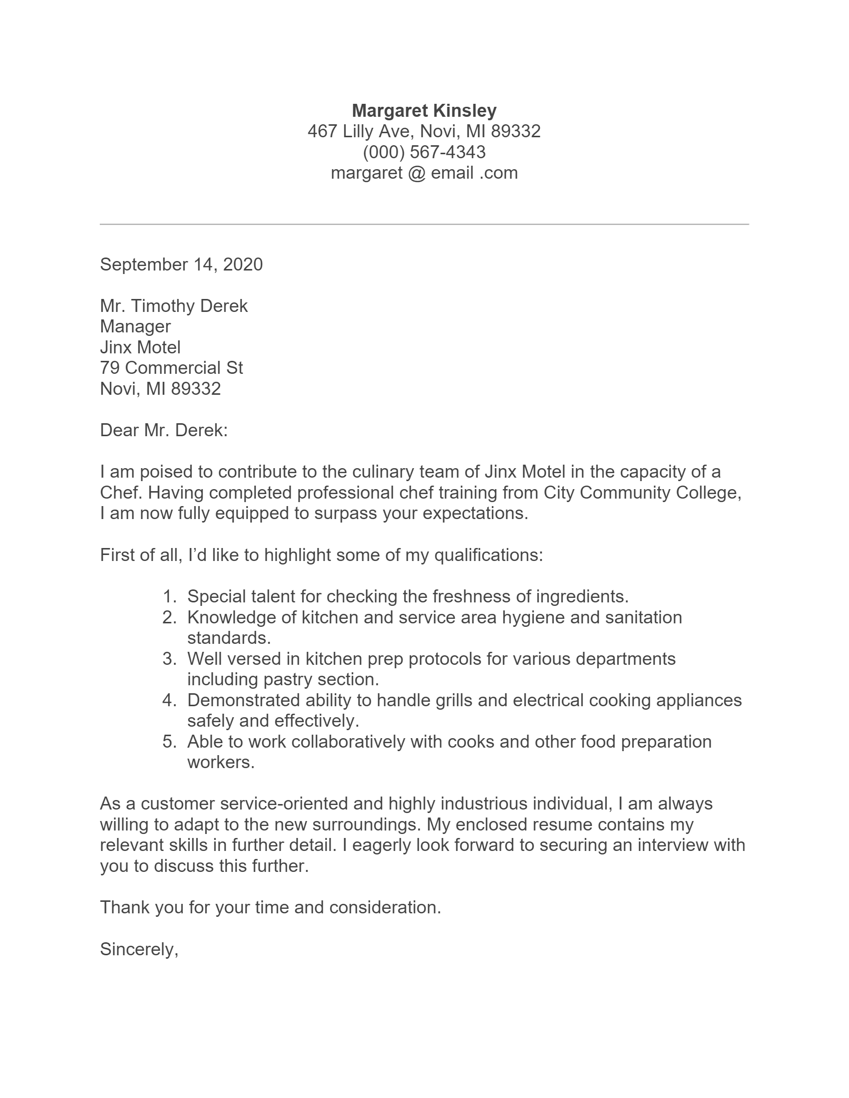 cover letter for chef resume