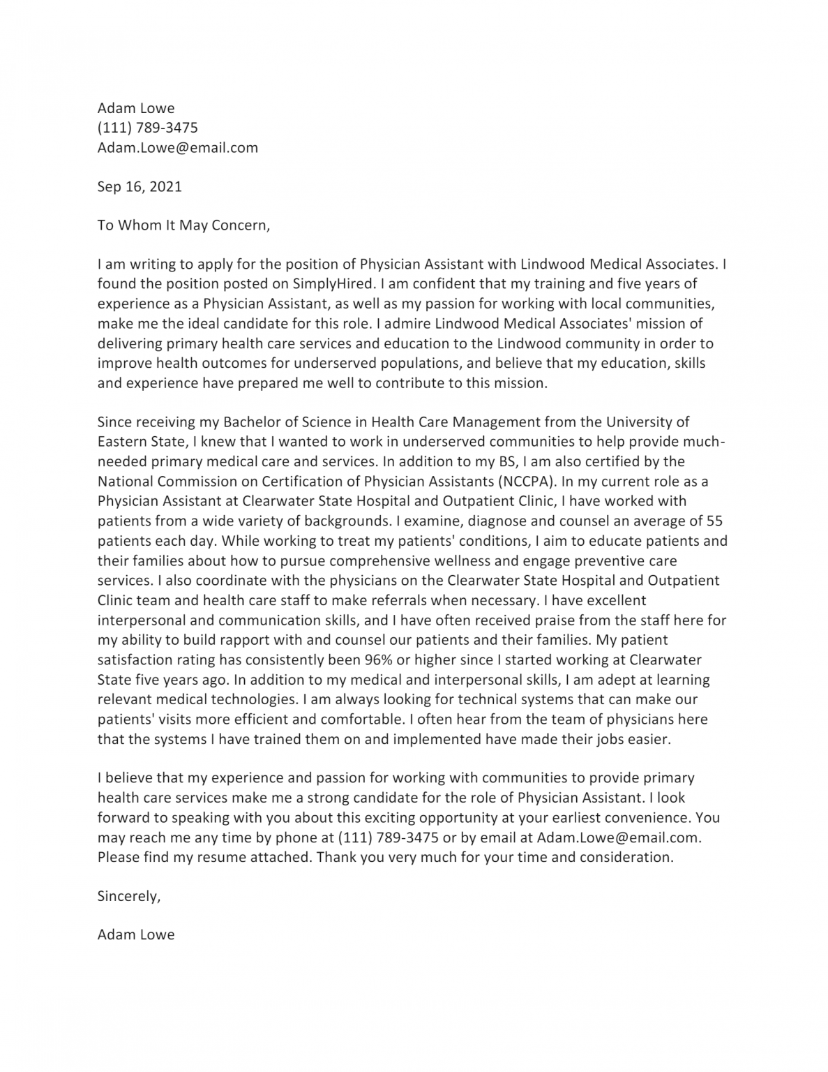 cover letter examples physician assistant