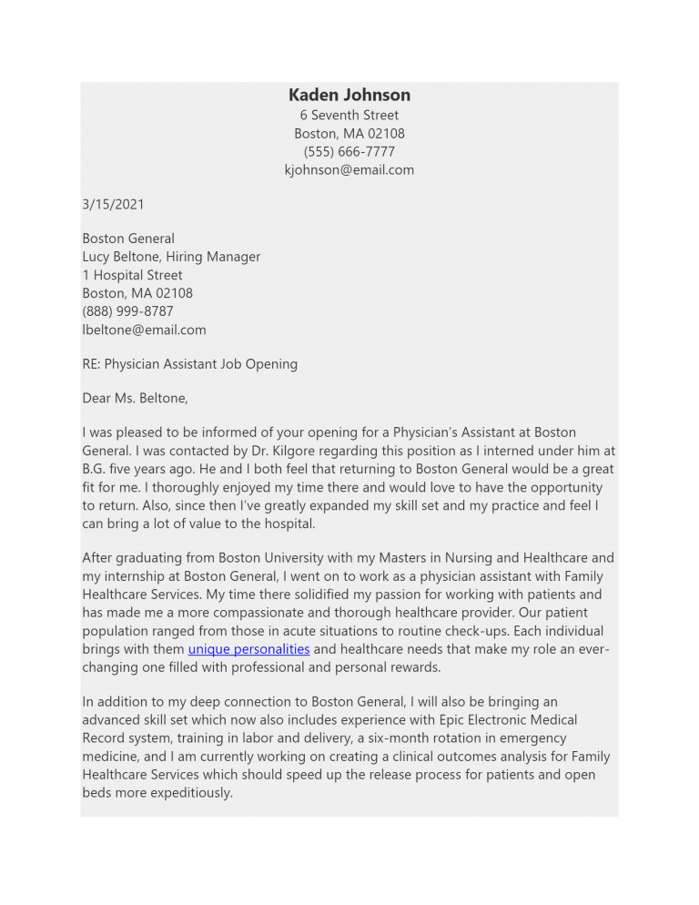 Free Physician Assistant Cover Letter Template Example On ResumeThatWorks Com