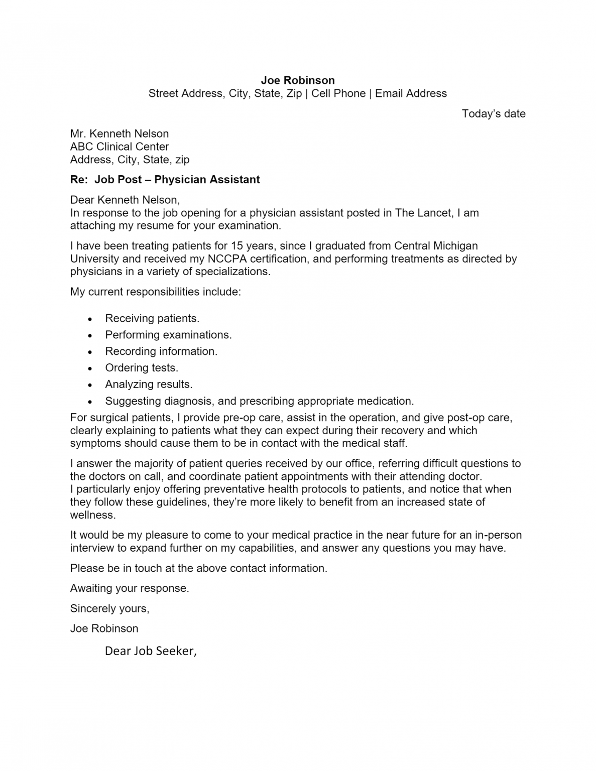 new graduate physician assistant cover letter