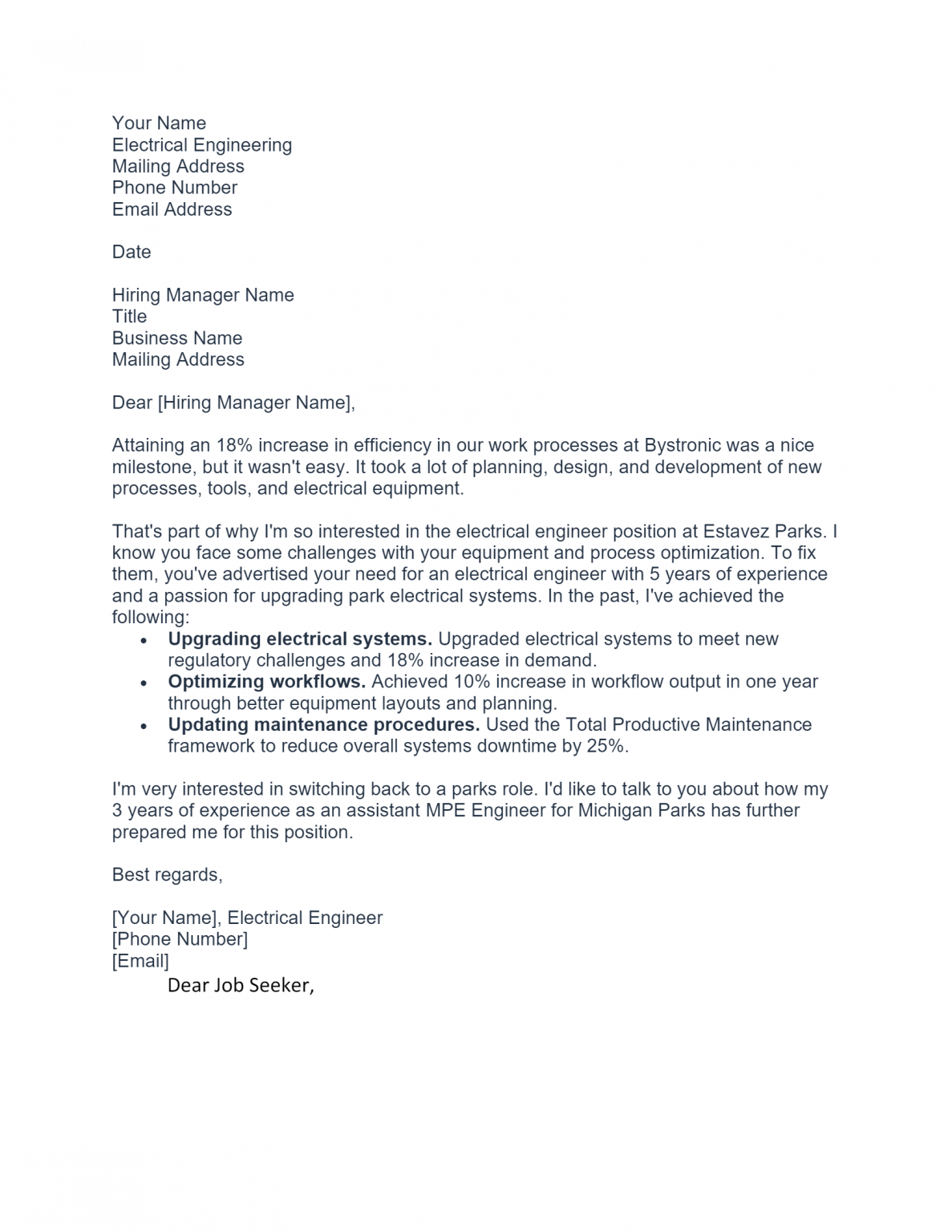 application letter for employment as electrical engineer