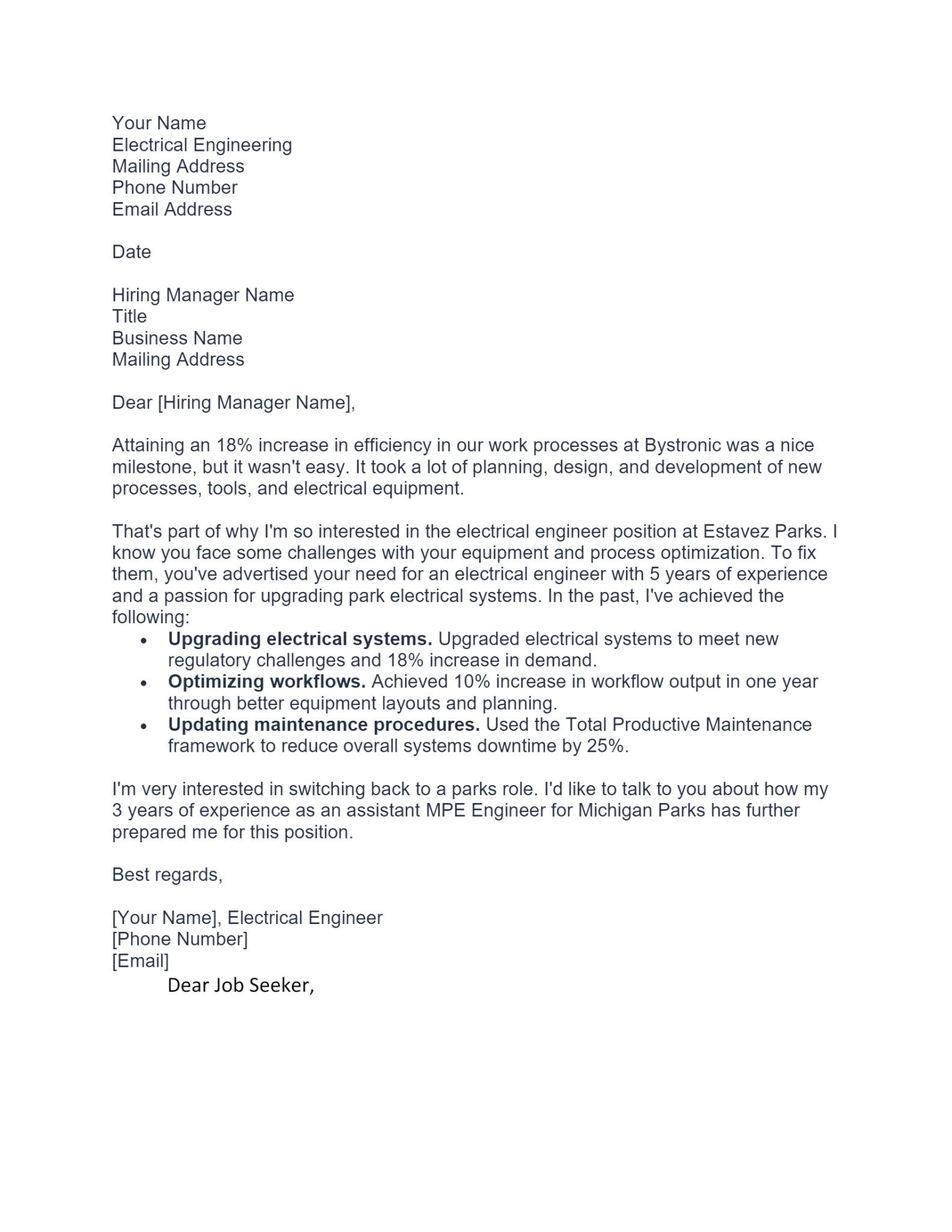 application letter for electrical project engineer