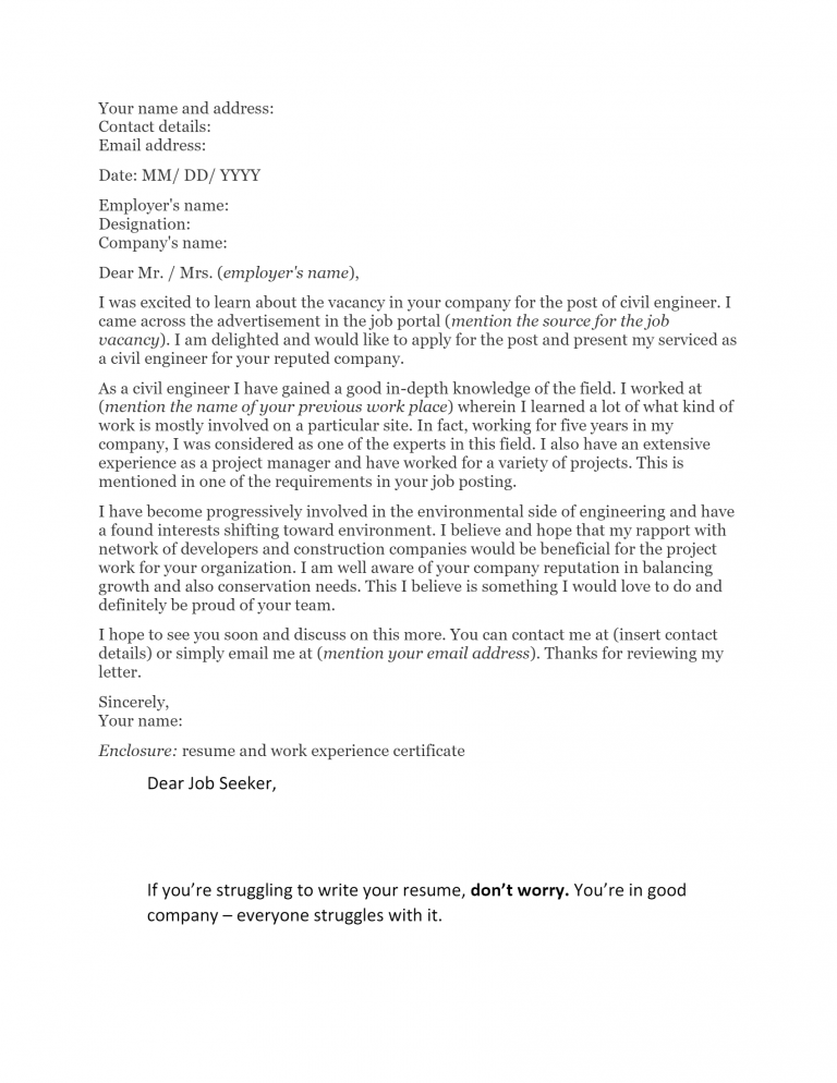Civil Engineer Example Email Free Civil Engineer Cover Letter Template & Example on ResumeThatWorks.com