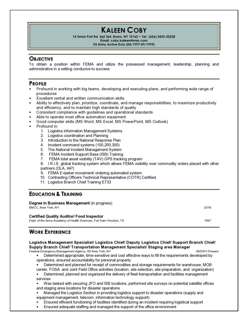 Federal Level Resume